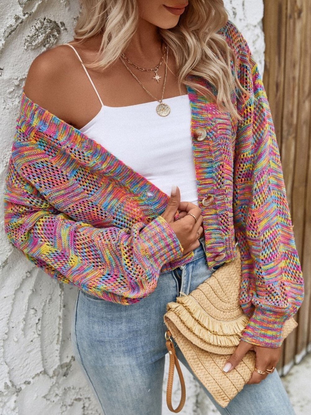 Multicolor Casual Women's Space Dye Drop Shoulder Cardigan